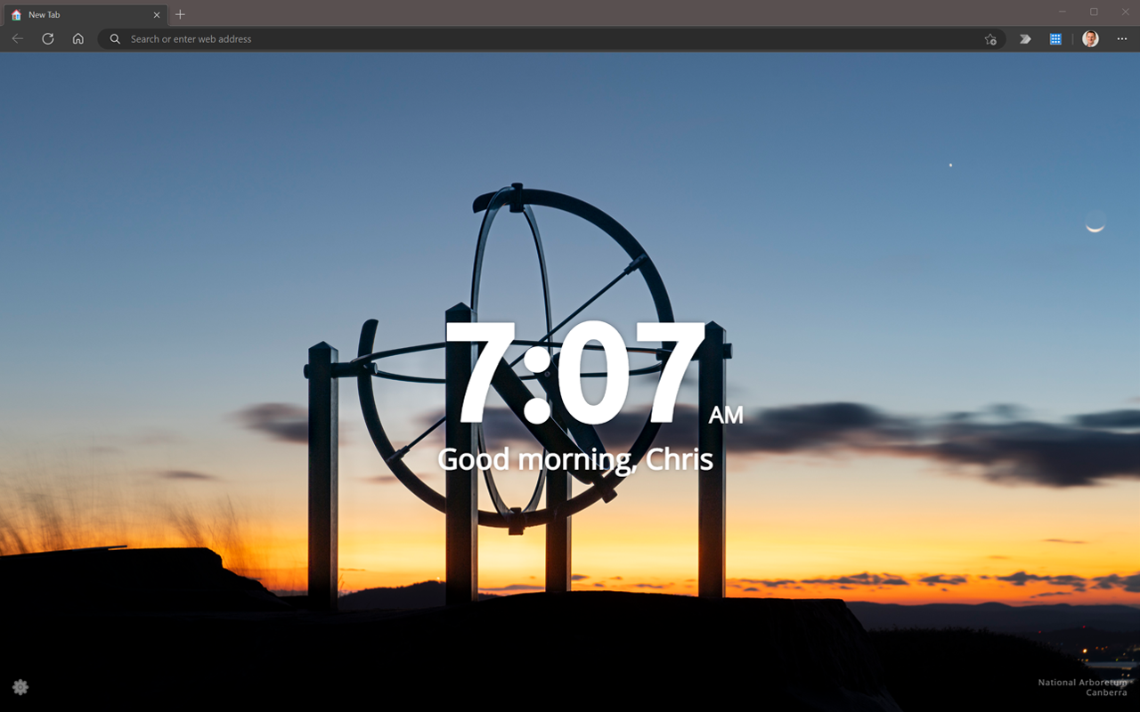 Home page by Scott browser extension with a daily photograph and clock